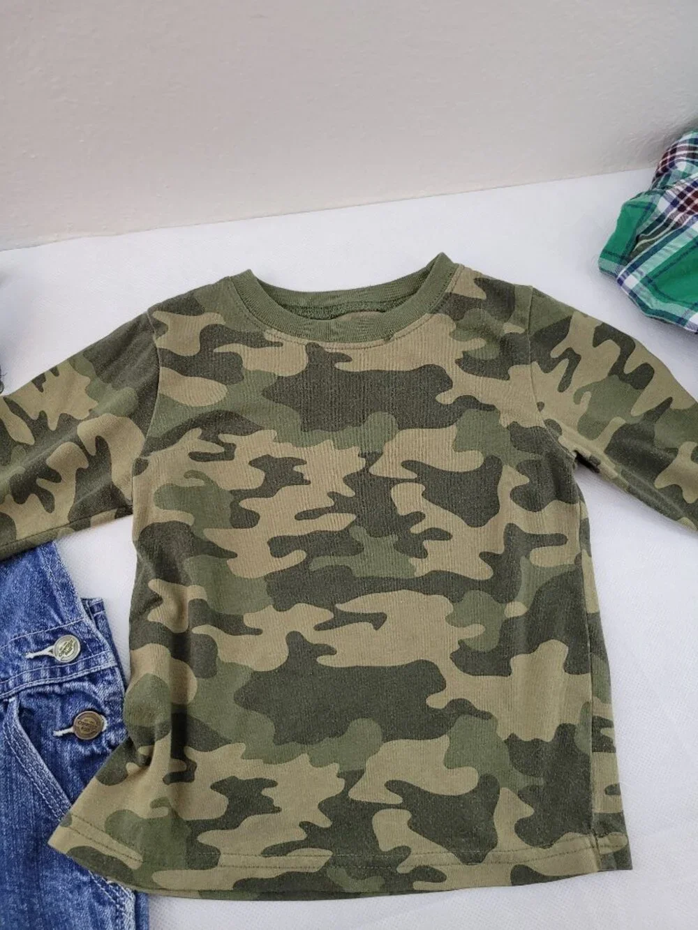 Boys 3 Lot of Carters Flannel Hoodie Garanimals Shirt, OshKosh Bib Overall Jeans
